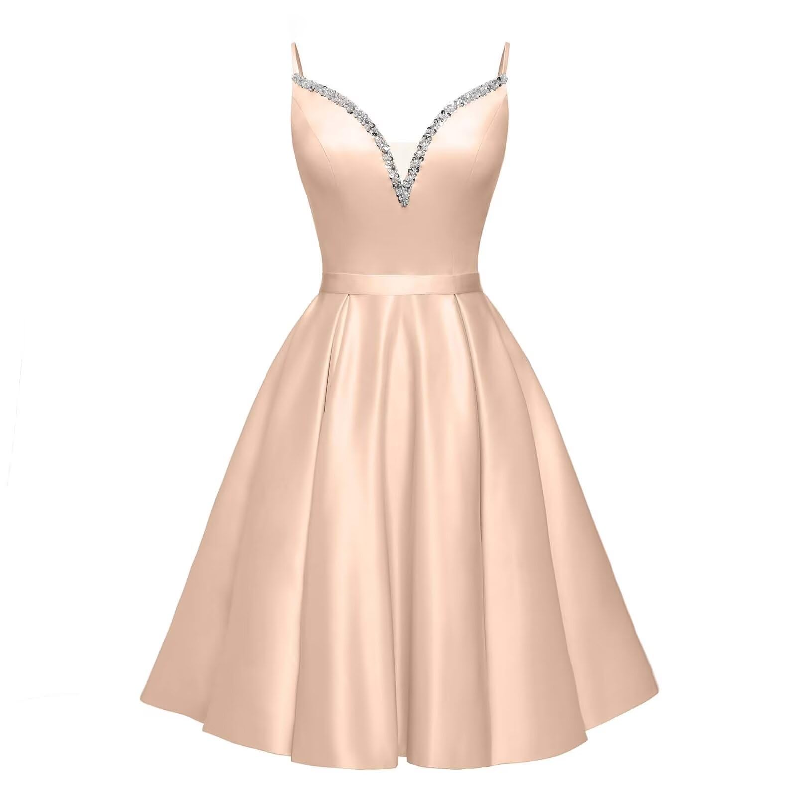 Spaghetti Straps Satin Homecoming Dresses for Teens V-Neck Short Prom Dress A-Line Beaded Cocktail Party Gowns