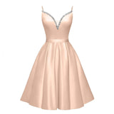Spaghetti Straps Satin Homecoming Dresses for Teens V-Neck Short Prom Dress A-Line Beaded Cocktail Party Gowns