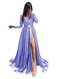 Long Sleeve Sequin Prom Dresses for Women 2027 Satin Formal Dress Sparkly Slit Evening Party Gown with Pocket