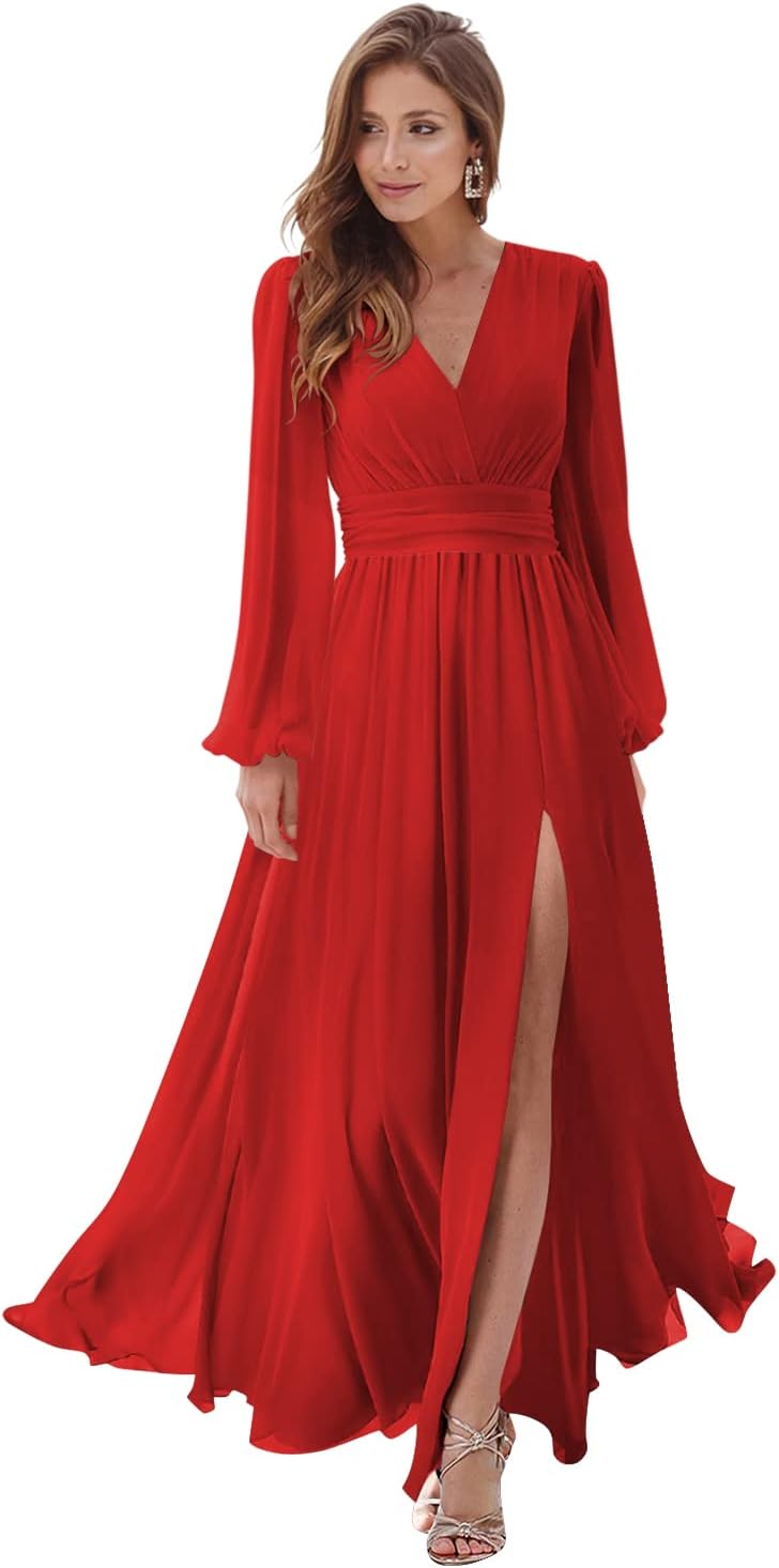 Women's Long Sleeve Bridesmaid Dresses with Slit V Neck A Line Chiffon Formal Evening Gowns with Pockets Mother of the Bride Gowns