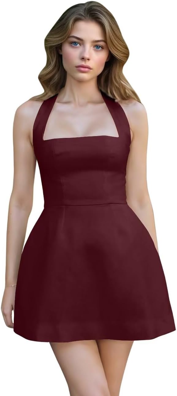 Satin Halter Homecoming Dresses for Teens Short Prom Dress 2027 Mini Formal Evening Cocktail Gowns with Pockets