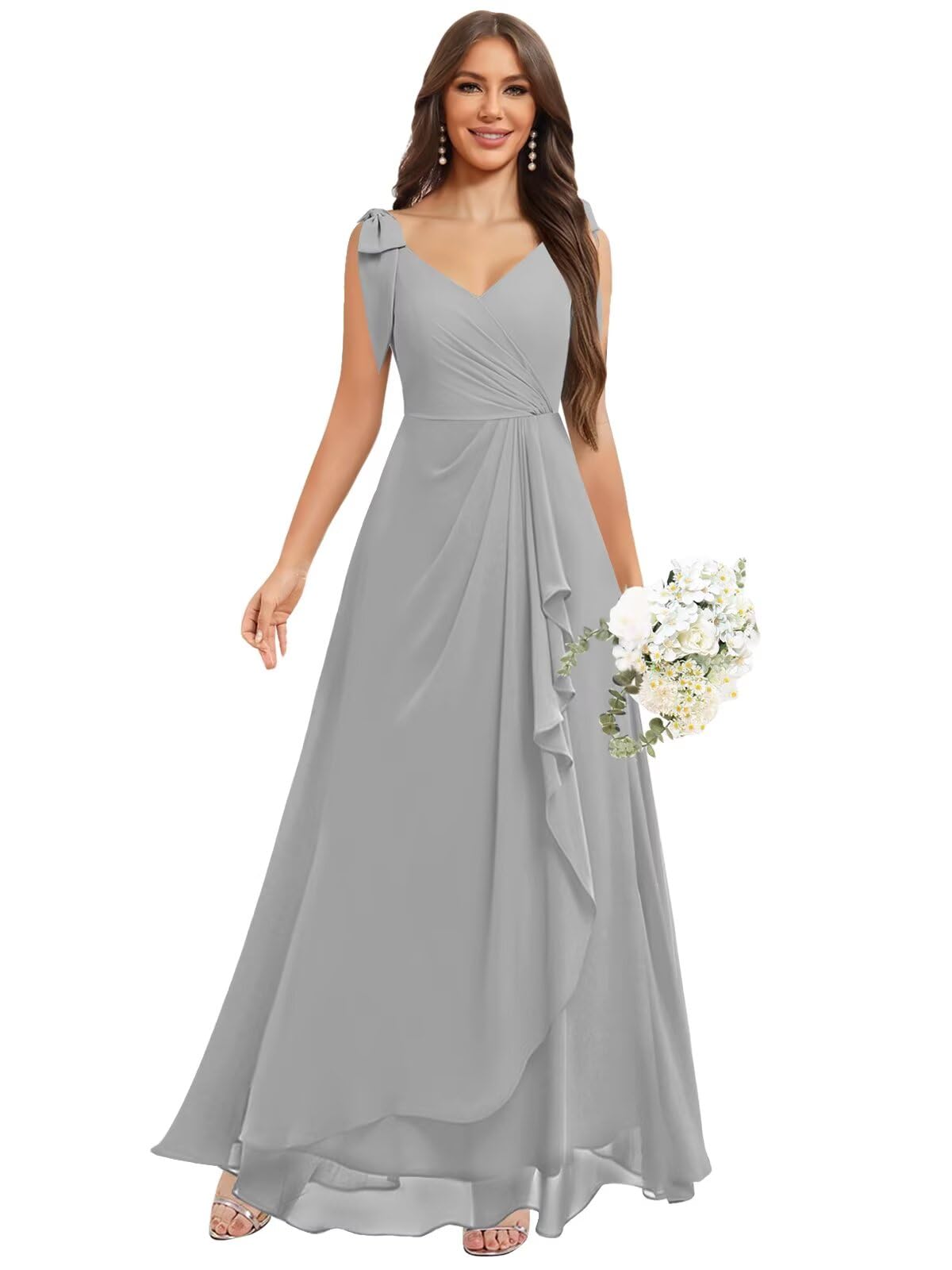 Chiffon Bridesmaid Dresses for Women Ruffles V Neck Flowy Long Formal Evening Dress with Bow