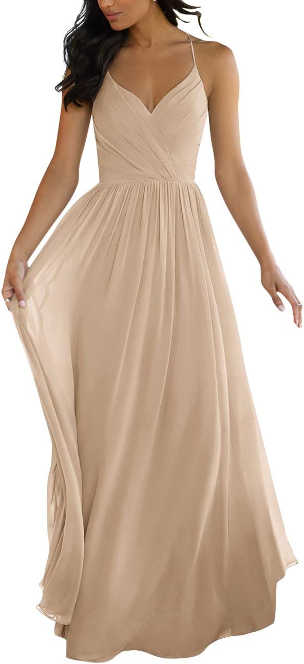 V Neck Bridesmaid Dresses for Women 2025 Long Chiffon Pleated A-line Spaghetti Strap Wedding Evening Prom Gown