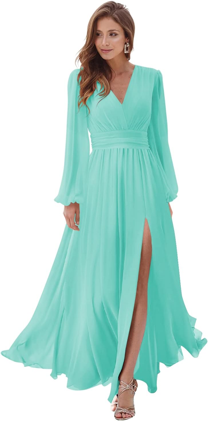 Women's Long Sleeve Bridesmaid Dresses with Slit V Neck A Line Chiffon Formal Evening Gowns with Pockets Mother of the Bride Gowns