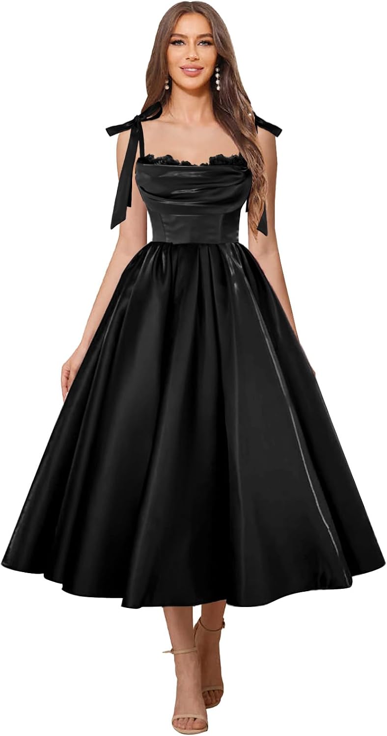 Satin Prom Dresses for Women Spaghetti Straps Corset A-Line Ball Formal Gowns Tea Length with Pockets