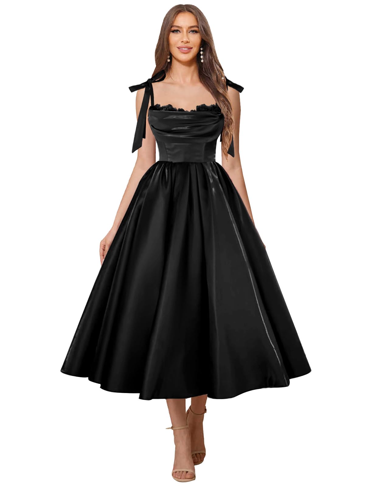 Satin Prom Dresses for Women Spaghetti Straps Corset A-Line Ball Formal Gowns Tea Length with Pockets