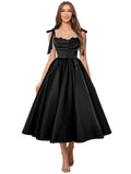 Satin Prom Dresses for Women Spaghetti Straps Corset A-Line Ball Formal Gowns Tea Length with Pockets