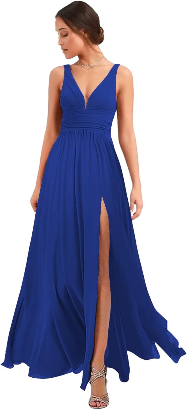 Women's Deep V Neck Bridesmaid Dresses with Slit Chiffon Pleats A Line Formal Party Dresses with Pockets