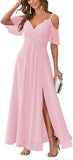 Women's Cold Shoulder Bridesmaid Dresses Long Summer Side Slit Chiffon Formal Evening Gown with Pockets