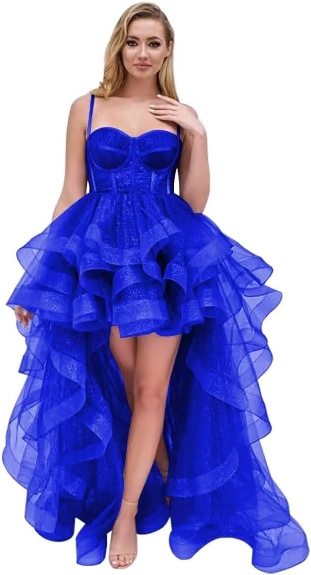Spaghetti Cocktail Party Dress for Women High-Low Ruffled Summer Dress Long Trailing Prom Ball Gown