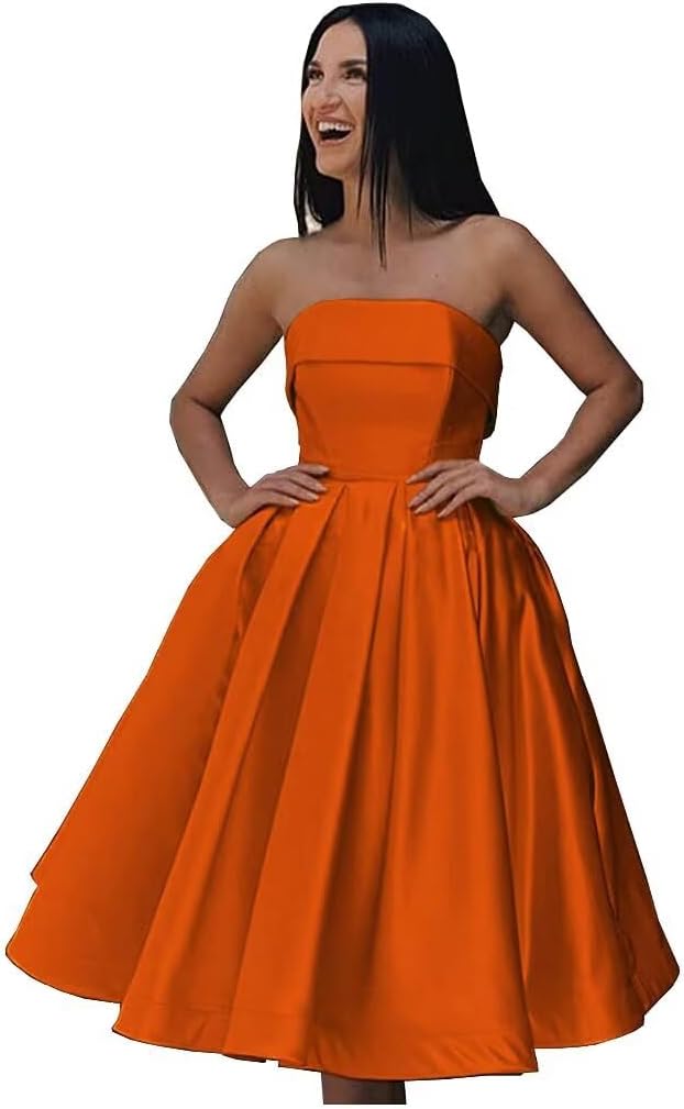 Tea Length Satin Cocktail Party Dresses for Women, Strapless Formal Evening Prom Gown Homecoming Graduation Dresses