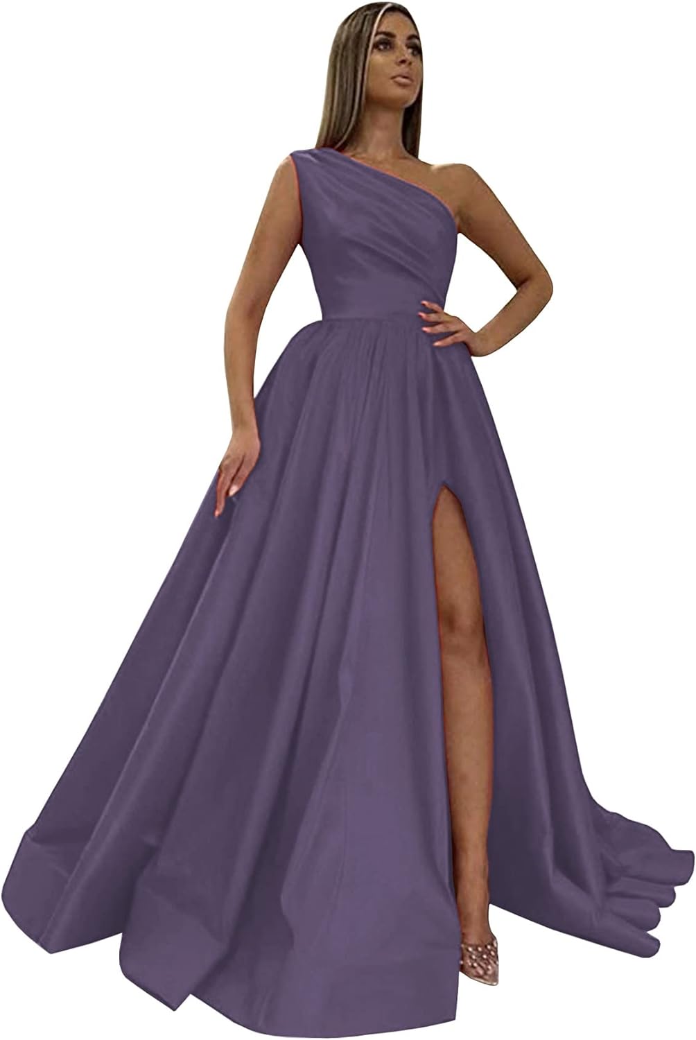 Women's One Shoulder Prom Dresses 2026 Long Slit Satin Formal Evening Gowns with Pockets