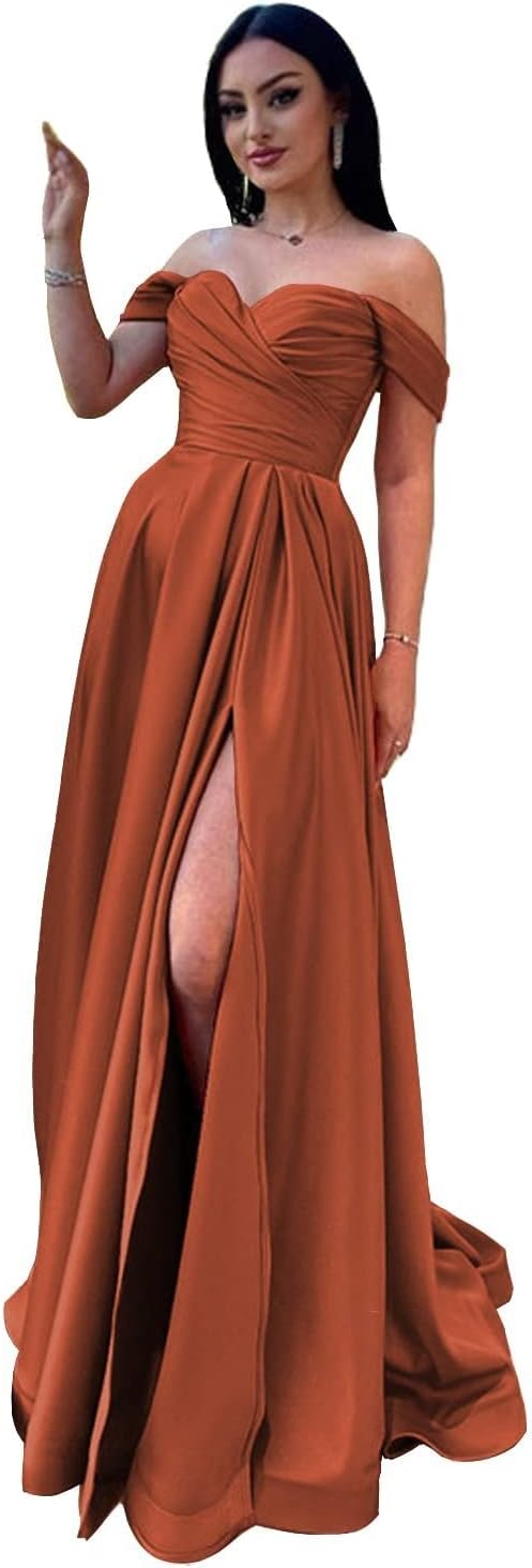 Schulterfreies Satin-Ballkleid, herzförmiger Ausschnitt, formelles Kleid, A-Linie, Abendkleid mit Schlitz 
