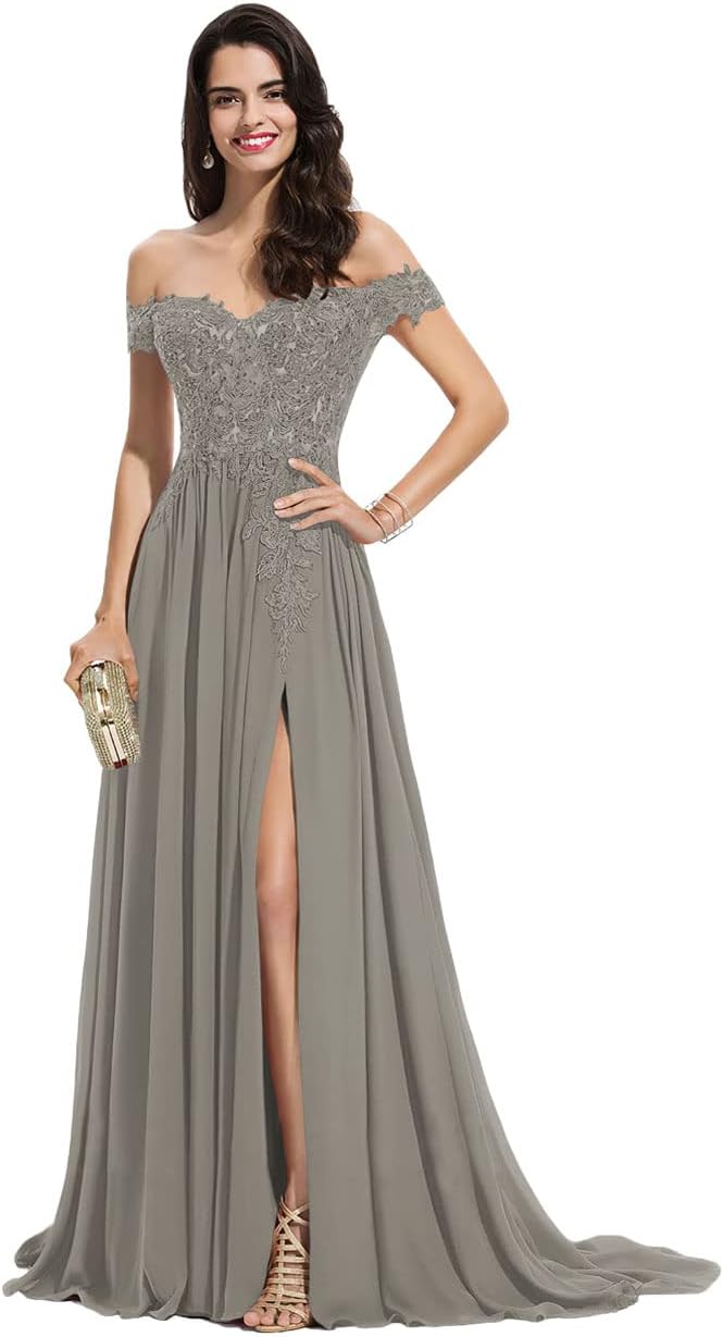 Women's Off The Shoulder Long Prom Dresses with Slit Lace Appliqued Chiffon Formal Party Gowns