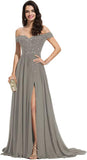 Women's Off The Shoulder Long Prom Dresses with Slit Lace Appliqued Chiffon Formal Party Gowns