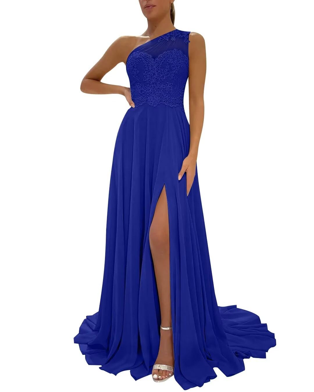 One Shoulder Chiffon Bridesmaid Dresses for Wedding 2026 Lace A-Line Slit Formal Evening Party Gown with Pockets