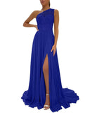 One Shoulder Chiffon Bridesmaid Dresses for Wedding 2026 Lace A-Line Slit Formal Evening Party Gown with Pockets