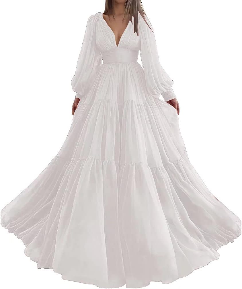 Langes Ballkleid mit Puffärmeln, Tüll, Ballkleid für Damen, Brautkleider, V-Ausschnitt, formelle Abendkleider