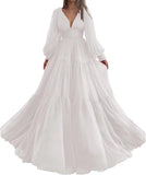 Langes Ballkleid mit Puffärmeln, Tüll, Ballkleid für Damen, Brautkleider, V-Ausschnitt, formelle Abendkleider