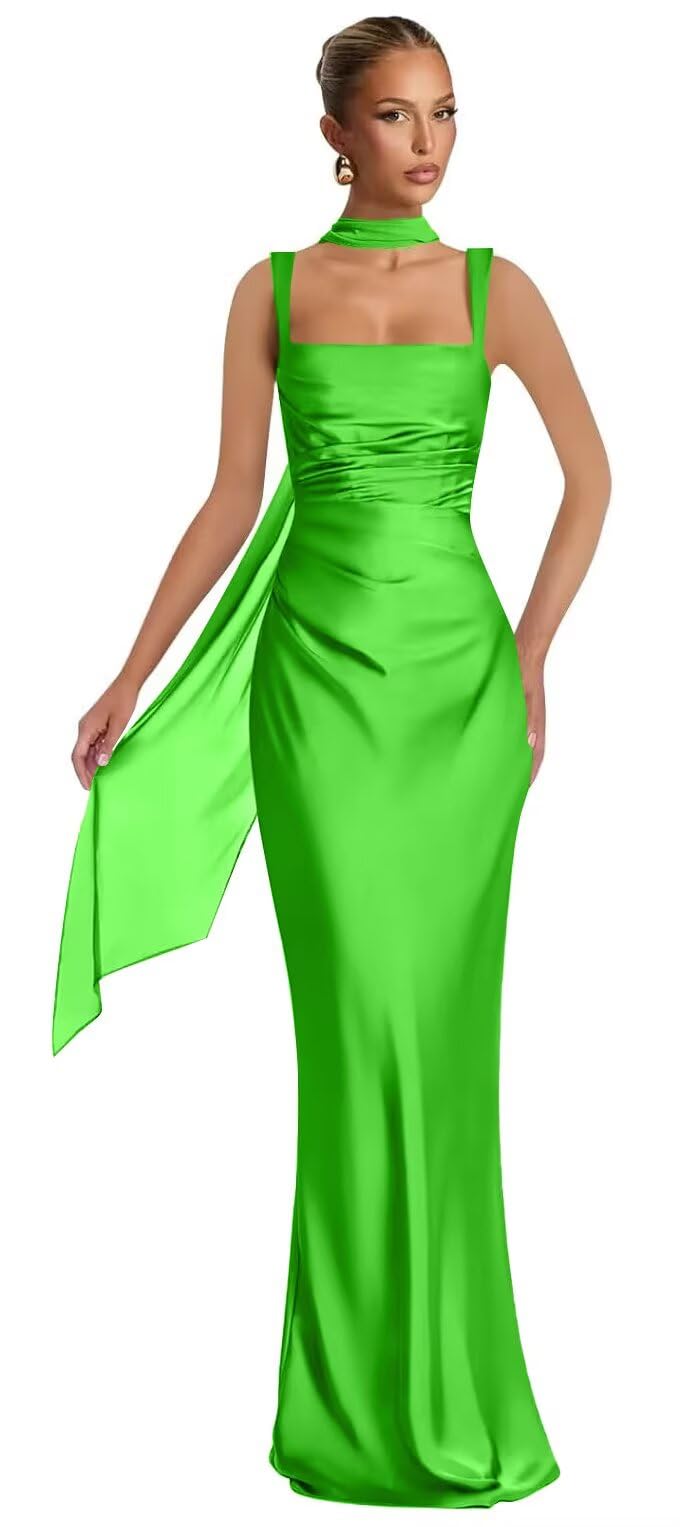 Mermaid Bridesmaid Dresses with Scarf 2027 Long Satin Spaghetti Straps Ruched Formal Evening Party Dress for Women