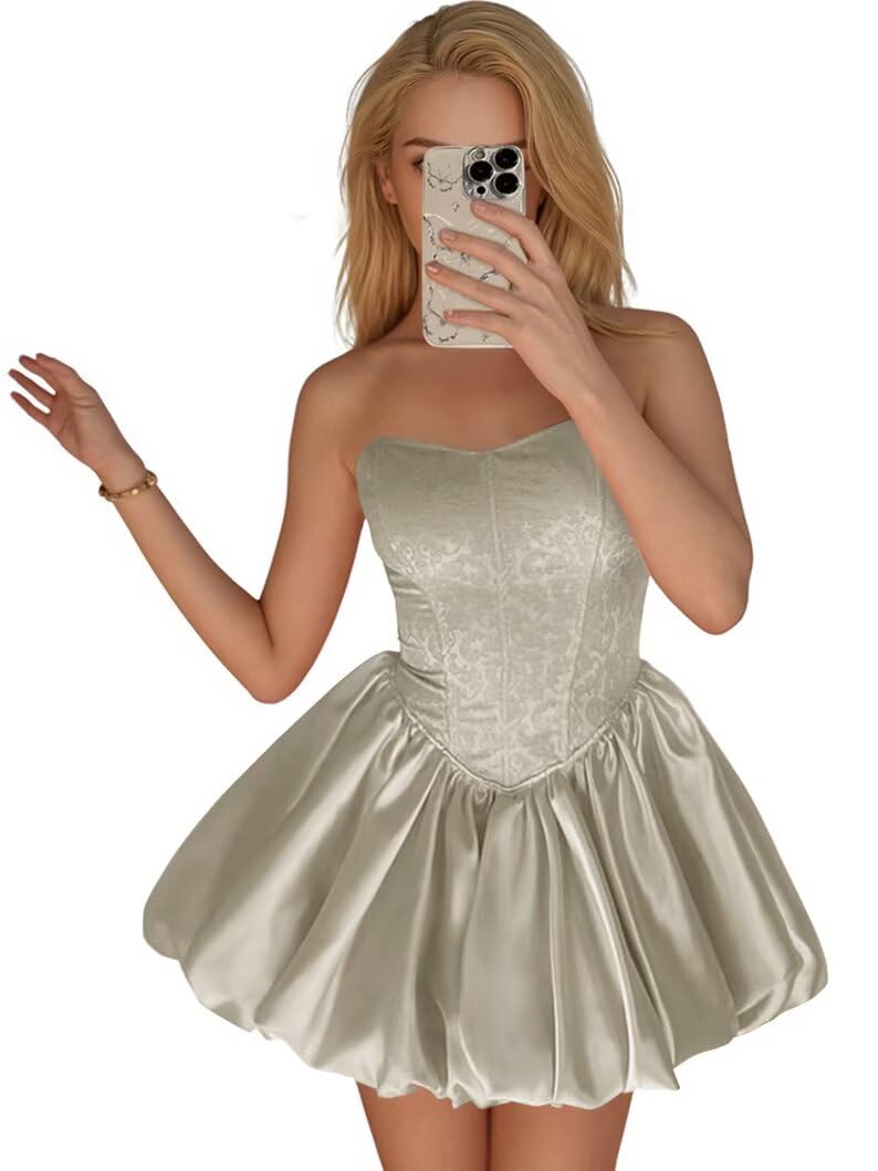 Strapless Satin Homecoming Dresses for Teens Jacquard Short Prom Dress A-line Cocktail Party Gowns with Pockets
