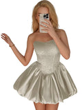 Strapless Satin Homecoming Dresses for Teens Jacquard Short Prom Dress A-line Cocktail Party Gowns with Pockets