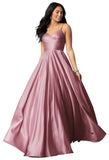 Spaghetti Straps Satin Prom Dresses for Women Long with Pockets Pleated Formal Evening Gowns