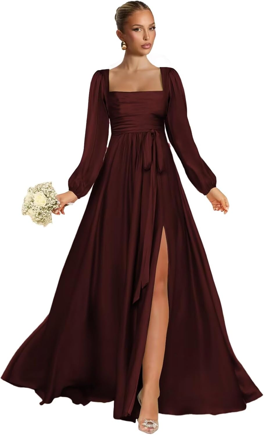 Satin Bridesmaid Dresses with Slit Long Sleeve Square Neck A Line Maxi Formal Dress
