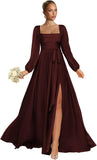 Satin Bridesmaid Dresses with Slit Long Sleeve Square Neck A Line Maxi Formal Dress