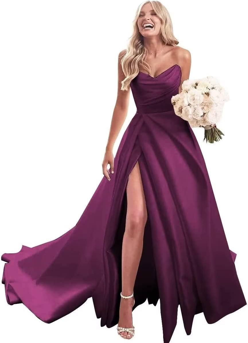 Trägerloses Ballkleid, langes Ballkleid, Satin-Brautkleid für die Braut, A-Linie, formelle Abendkleider mit Schlitz 