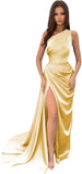Vestidos de dama de honor largos con un hombro al descubierto y pliegues de satén estilo sirena para fiesta de boda formal 