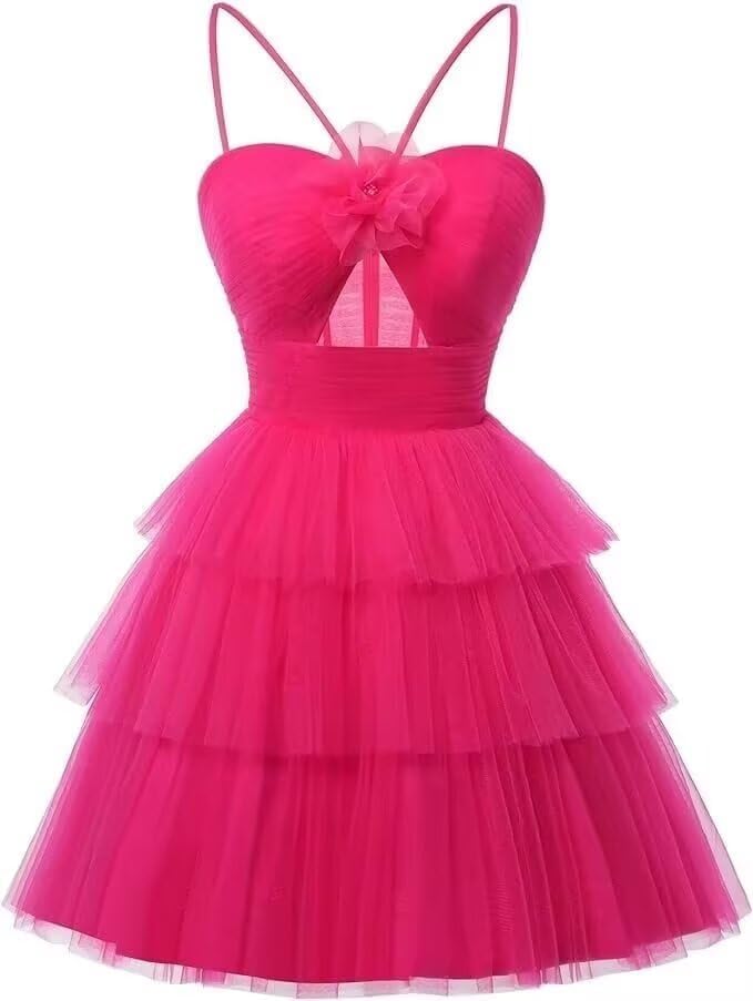 Tulle Homecoming Dresses 2027 Layered Spaghetti Straps Short Prom Dress A-Line Prom Cocktail Party Gown