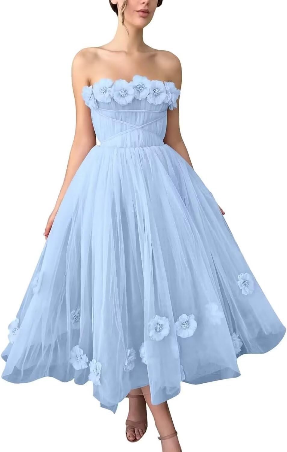 Women's 3D Flower Off Shoulder Tea Length Whimsical Prom Dress, A Line Strapless Tulle Formal Evening Party Gown