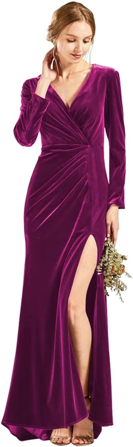 Langärmliges Brautjungfernkleid aus Samt mit Schlitz, V-Ausschnitt, Meerjungfrau-Stil, formelles Kleid für Damen