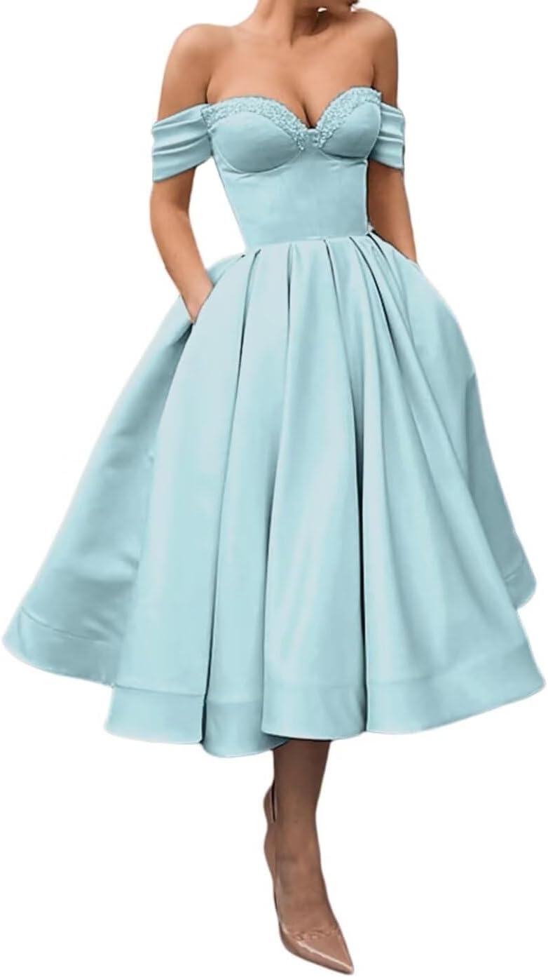 A Line Off Shoulder Prom Dresses for Women Satin Tea Length Cocktail Party Dresses with Pockets