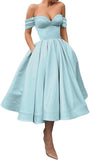 A Line Off Shoulder Prom Dresses for Women Satin Tea Length Cocktail Party Dresses with Pockets