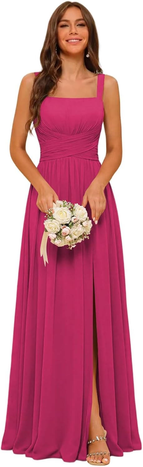 Square Neck Bridesmaid Dress Spaghetti Straps Chiffon Long Formal Dress for Women