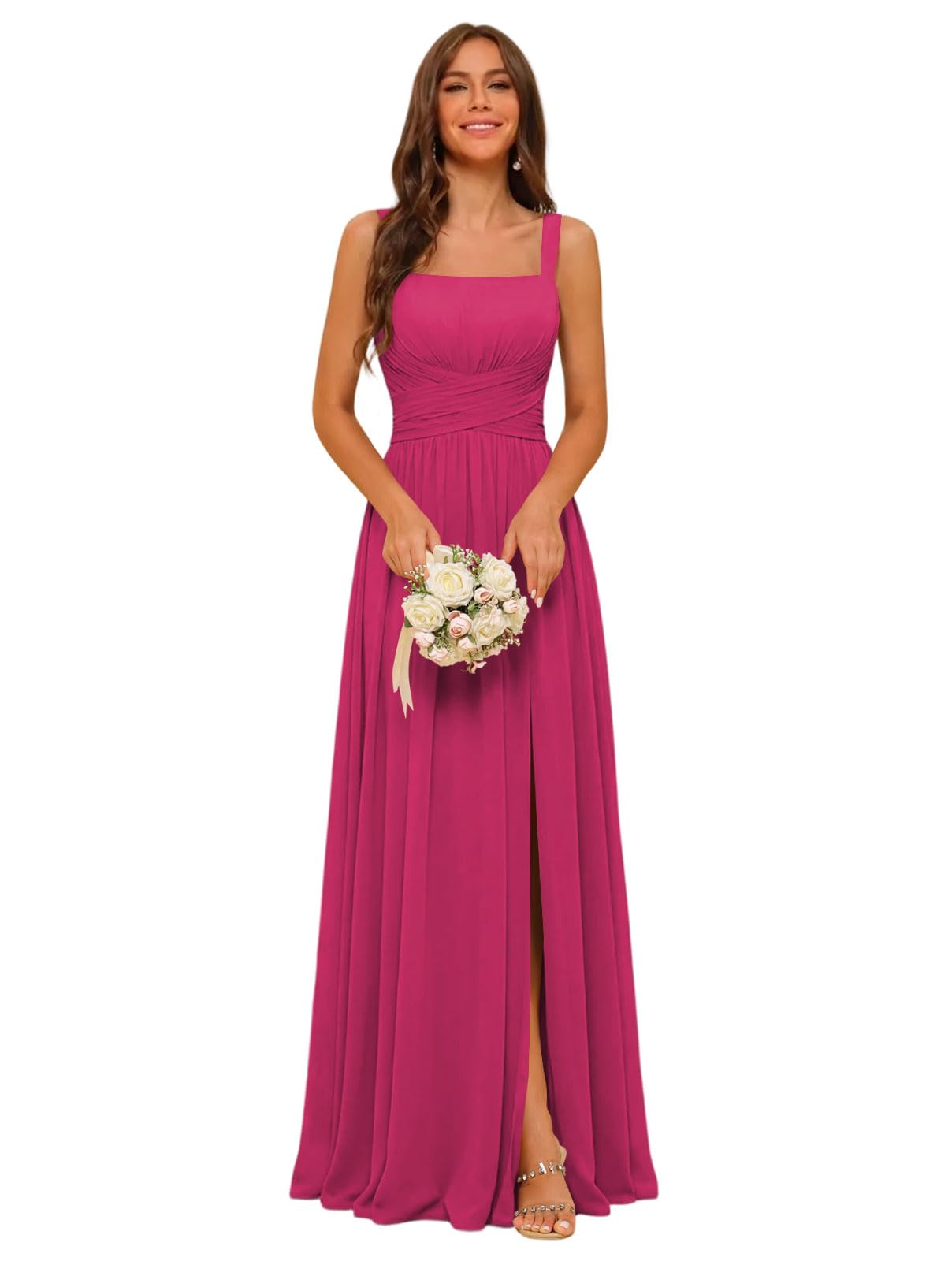 Square Neck Bridesmaid Dress Spaghetti Straps Chiffon Long Formal Dress for Women