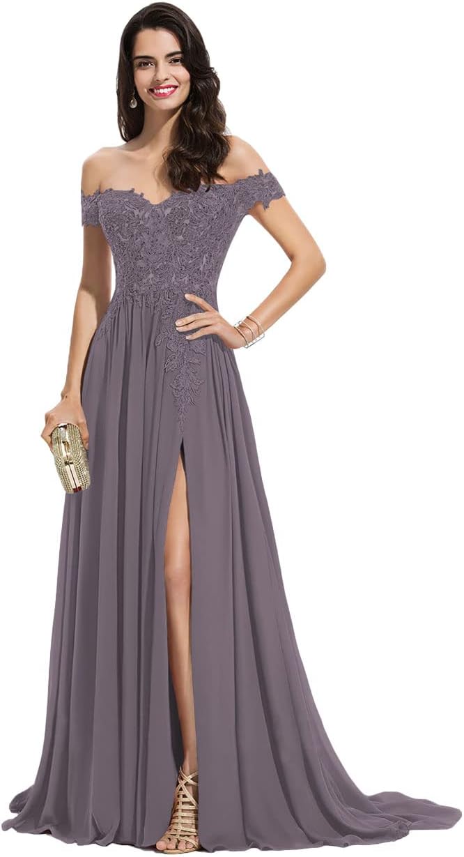 Women's Off The Shoulder Long Prom Dresses with Slit Lace Appliqued Chiffon Formal Party Gowns