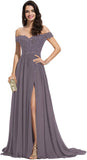 Women's Off The Shoulder Long Prom Dresses with Slit Lace Appliqued Chiffon Formal Party Gowns