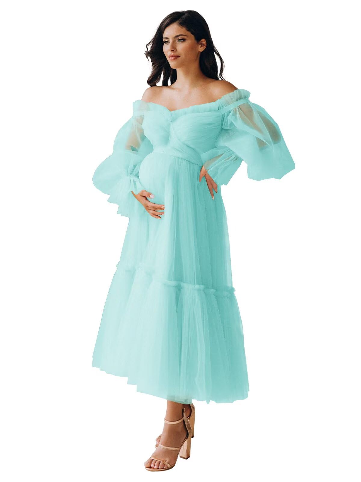 Eightale Tulle Tea Length Maternity Dresses for Photo Shoot Long Sleeve Pregnancy Gown for Baby Shower