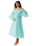 Eightale Tulle Tea Length Maternity Dresses for Photo Shoot Long Sleeve Pregnancy Gown for Baby Shower