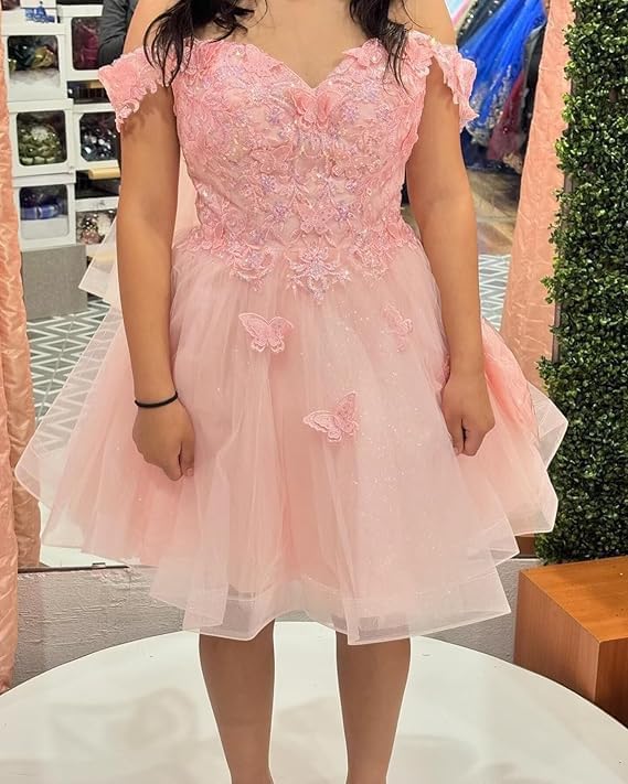 Off Shoulder Glitter Tulle Homecoming Dresses for Teens 3D Butterfly Short Prom Dress Sequin Quinceanera Dresses