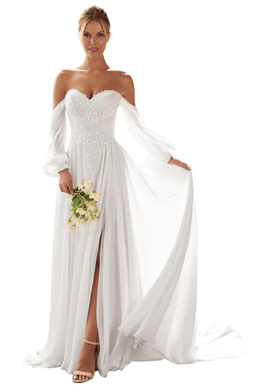 Kingbridal Gowns Lace Appliques Wedding Dresses for Bride Long V Neck Tulle Chiffon A-line Sleeveless Bridal Ball Gown for Women