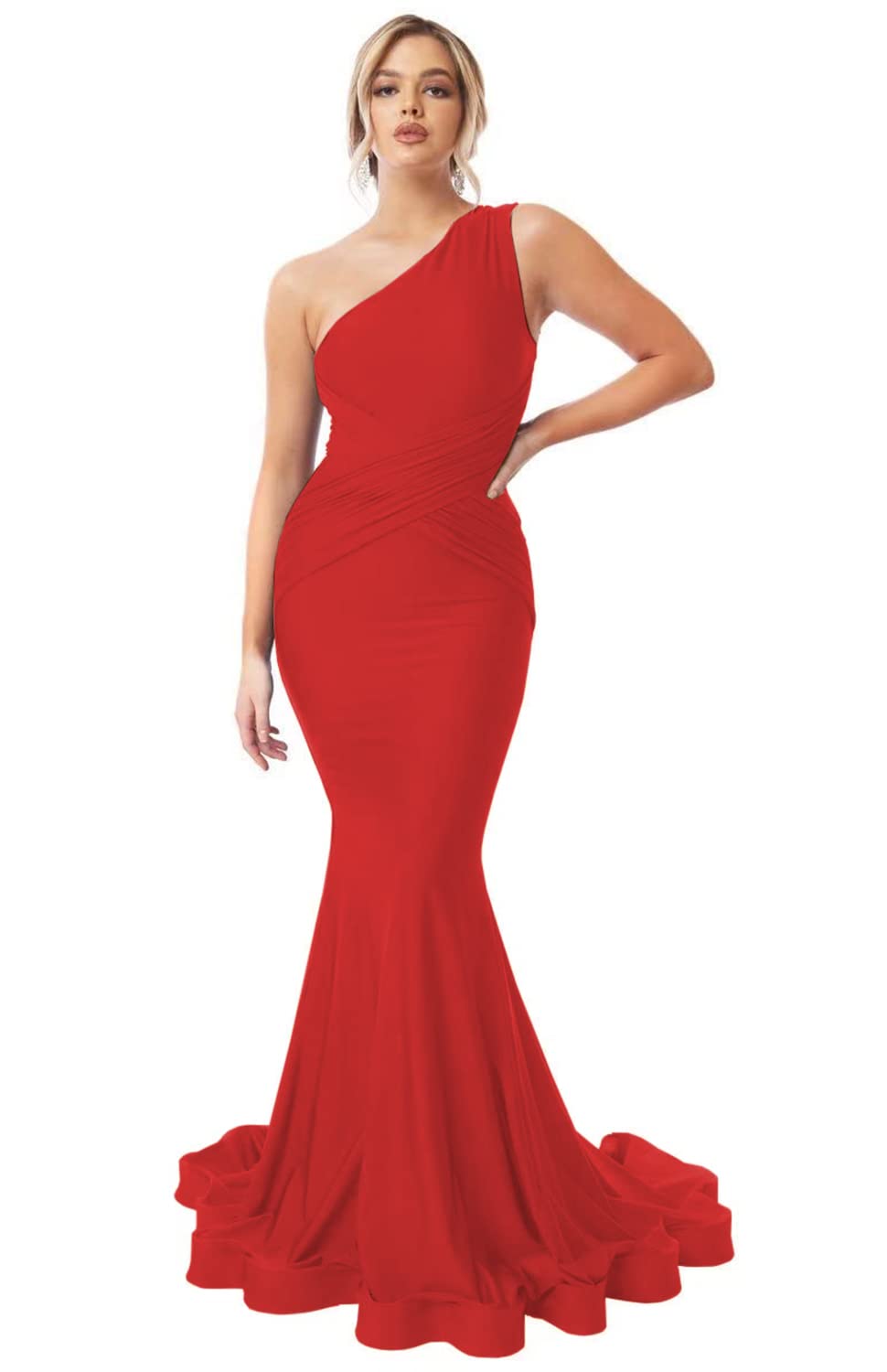 Womens One Shoulder Mermaid Bridesmaid Dresses for Wedding Long Tight Ruched Prom Dresses Evening Formal Gowns