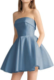 Women's Strapless Satin Short Prom Dresses with Pocket A Line Glitter Homecoming Dress Short Evening Party Ball Gown
