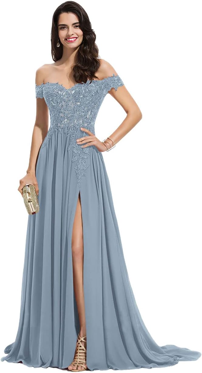 Women's Off The Shoulder Long Prom Dresses with Slit Lace Appliqued Chiffon Formal Party Gowns