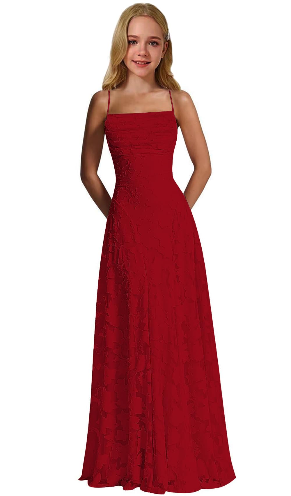 Lace Floral Junior Bridesmaid Dresses Long Spaghetti Strap Prom Dress for Teens Formal Gown Flower Girls Dress
