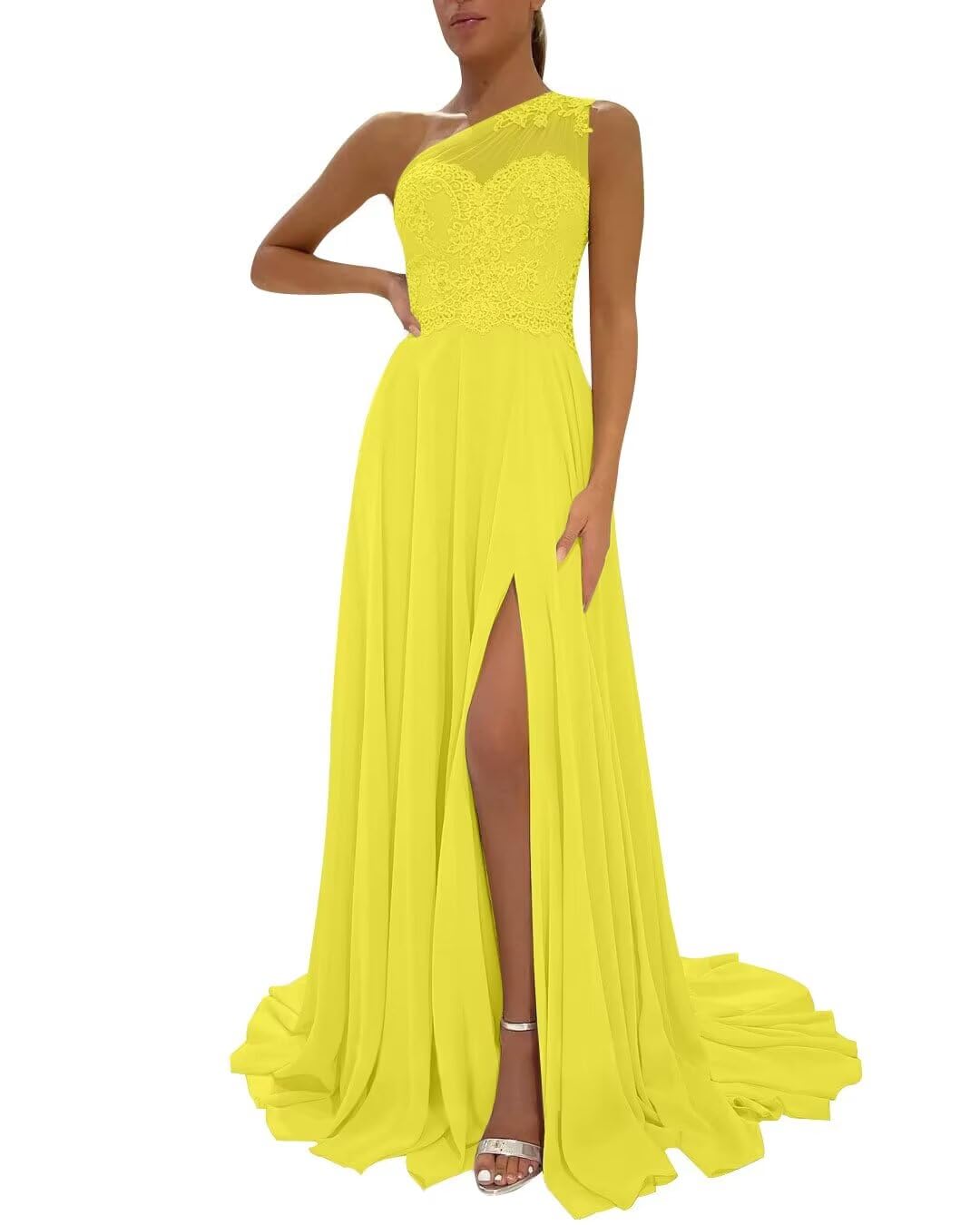One Shoulder Chiffon Bridesmaid Dresses for Wedding 2026 Lace A-Line Slit Formal Evening Party Gown with Pockets