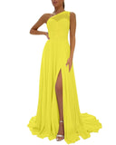 One Shoulder Chiffon Bridesmaid Dresses for Wedding 2026 Lace A-Line Slit Formal Evening Party Gown with Pockets